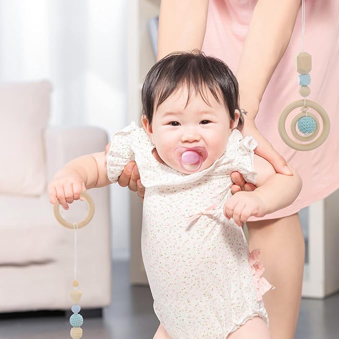 Teething Rings 4Pcs Baby Gym Wood Toys Wooden Hanging Toy Wood Activity Pendant Hanging Toy Dangling Teething Soother Sensory Toys Nursery Decor Montessori Play Gym