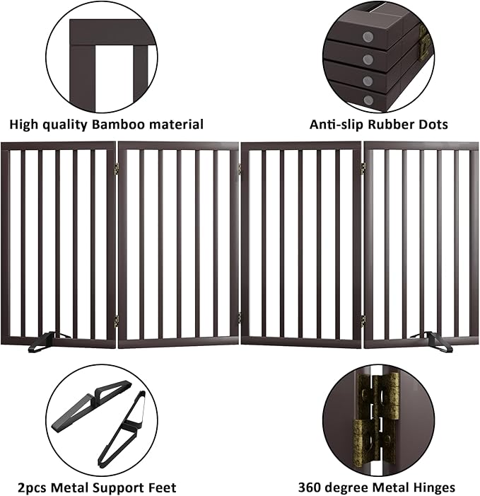 Dog Gate for Doorways 32" Tall Freestanding Dog Gate for Stair Foldable Pet Gate for Dogs Indoor (Brown,4 Panel)