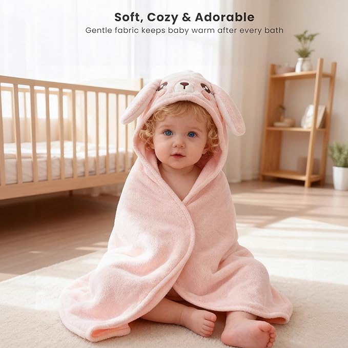 Konssy 2-Pack Hooded Baby Towels, 32" × 32" Soft & Absorbent Plush Fleece, Cute Animal Hood, Baby Bath Towels for Newborns & Toddlers, Boys & Girls