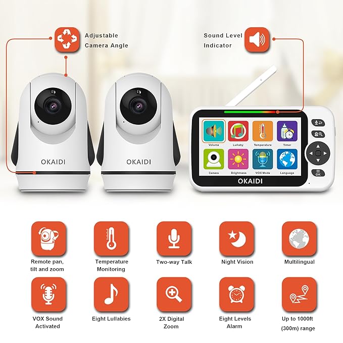 OKAIDI Video Baby Monitor with 2 Cameras, 5" Display Baby Monitor No WiFi, 30H Battery and 1000ft Range, Remote Pan-Tilt-Zoom Baby Camera, 2-Way Talk, 8 Lullabies, for Baby Pet Elderly
