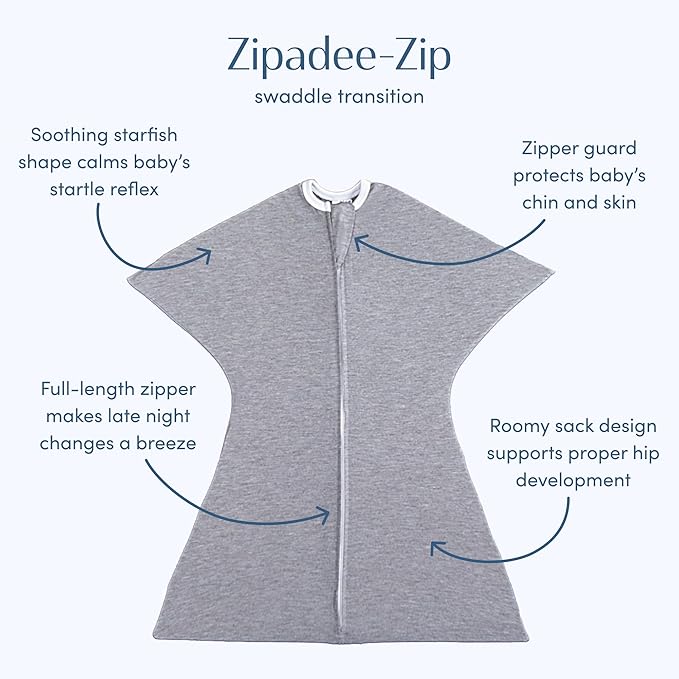 SleepingBaby Zipadee-Zip Transition Swaddle - Cozy Baby Swaddle Blanket with Zipper Convenience - Roomy Wearable Blanket for Easy Diaper Changes - Heather Grey, X-Small (3-6 Month)