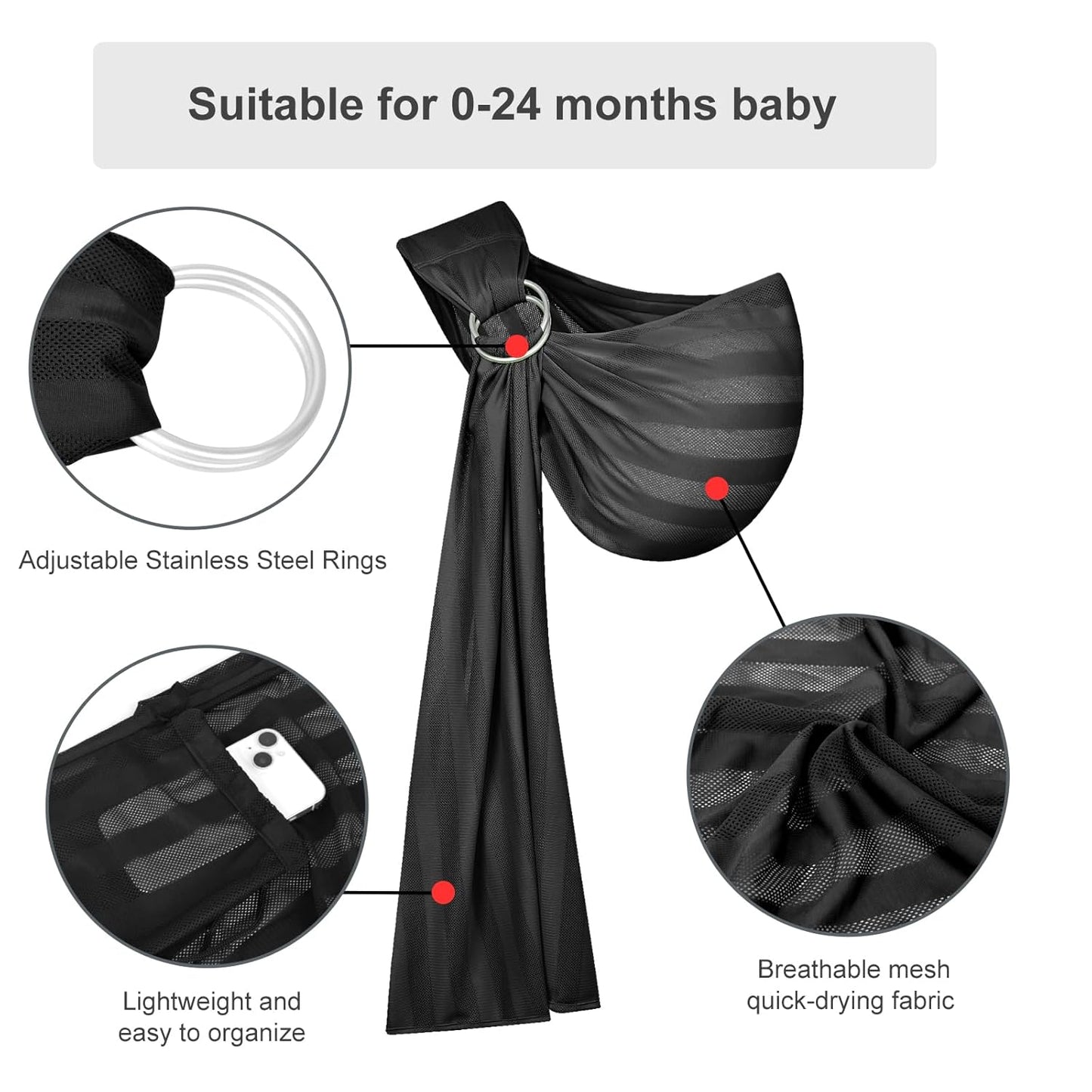 Water Ring Sling Baby Carrier, Adjustable Lightweight Breathable Newborn Carrier Sling for Summer, Swimming, Pool, Beach, Front Chest Mesh Infant Wrap Carrier for Baby Gift（Black）