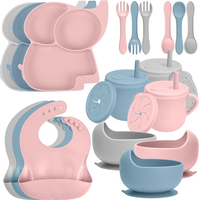 24 Pack Silicone Baby Feeding Set - 6+ Months Food Grade Baby Feeding Essentials | Silicone Bibs, Baby Bowls and Plates, 3 in 1 Baby Sippy Cup, Spoons and Fork Set | Free of BPA/PVC/Lead/Phthalate