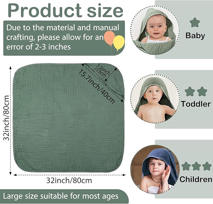 VitalCozy 6 Pcs Baby Muslin Hooded Bath Towels and Washcloths, 32 x 32 Inch Cotton Absorbent Blankets for Newborn Infant Shower Gift (Green, Blue)