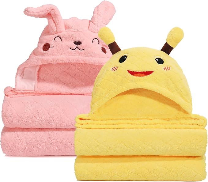 Hooded Toddler Bath Towels, 2 Pack Thick Towel for Kids with Animal Hood, Extra Large 50 x 32 inch for Baby 0-6 Years, Soft Absorbent Coral Fleece for Boys & Girls, Pink Ribbit & Yellow Bee