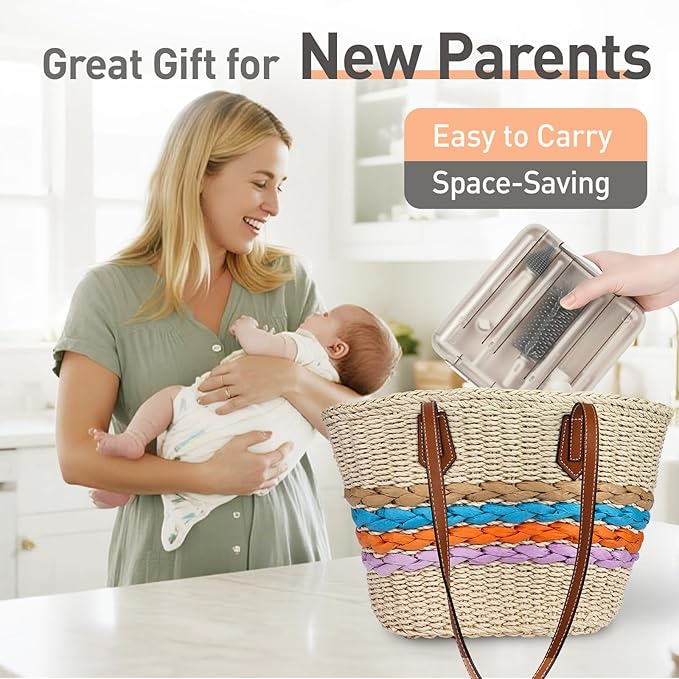 Baby Bottle Brush Set, 6-in-1 Travel Bottle Cleaning Kit with Silicone Bottle Brush, Nipple & Straw Brush, Soap Dispenser, Drying Rack, Storage Box – Compact Travel Baby Essential for Home & On-The-Go