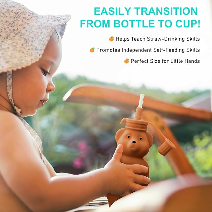 Honey Bear Silicone Straw Cup, Babies Water Drinking Cup, 8-Ounce Therapy Sippy Bottles for Speech and Feeding Training, BPA Free & Dishwasher Safe (BROWN)