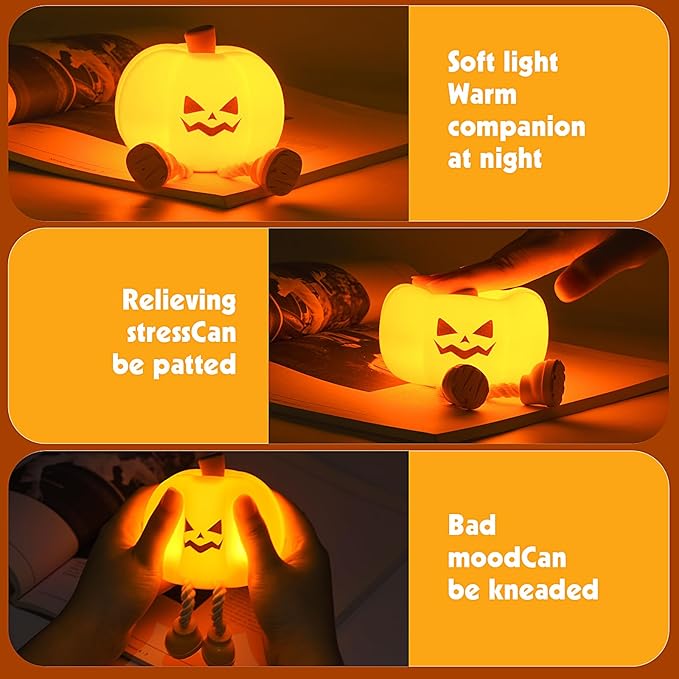 Pumpkin Night Light, Cute LED Pumpkin Lamp with 3 Level Dimmable, Nursery Nightlight for Kids, Silicone Rechargeable Bedside Touch Lamp, Funny Office Desk and Halloween Decor Toy for Woman and Kids