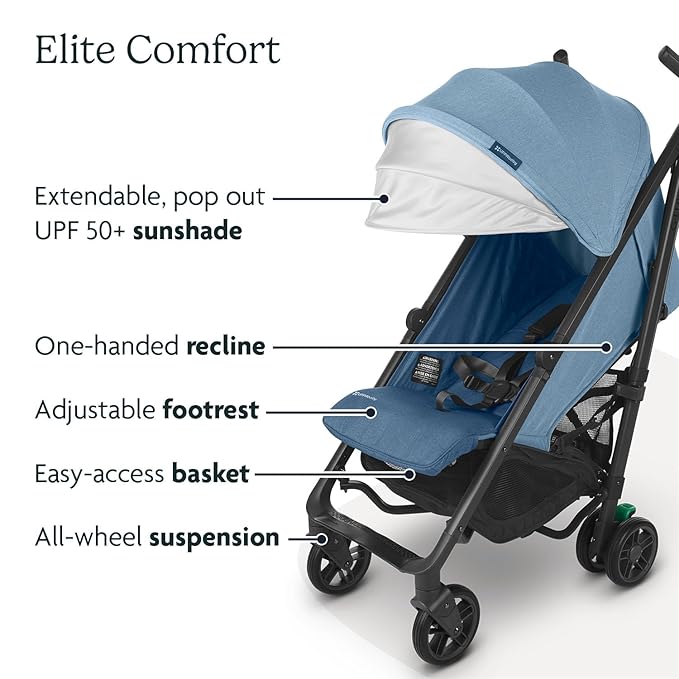 UPPAbaby G-Luxe Umbrella Stroller/Lightweight Design for Easy Travel/One-Step Fold + Recline/XL Basket + Canopy/Cup Holder Included/Charlotte (Coast Blue Mélange/Carbon Frame)