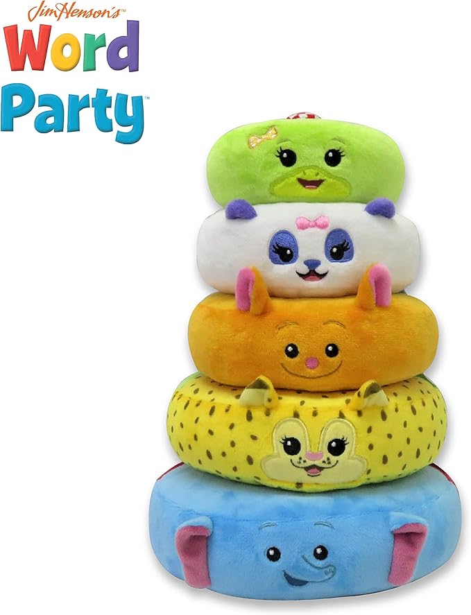 Word Party Plush Stacking Toy- Stack and Sort Colorful Word Party Characters- Encourages Hand-Eye Coordination and Motor Skills for Babies and Toddlers