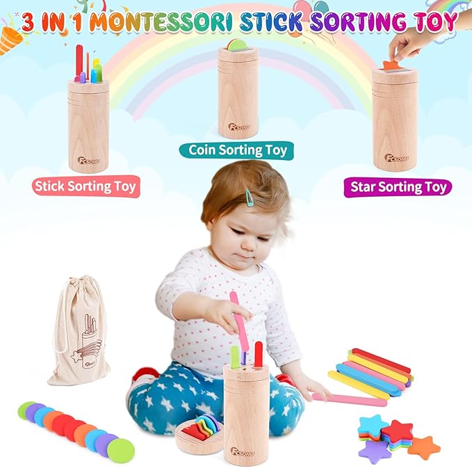 FCSONU Toddlers Montessori Toys for 1 2 3 Year Old Boys Girls, Wooden Learning Color Sorting Toys for Ages 2-4 Kids, Sensory Toys for Toddlers 1-3, Halloween Birthday for Baby 12-18 Month Old