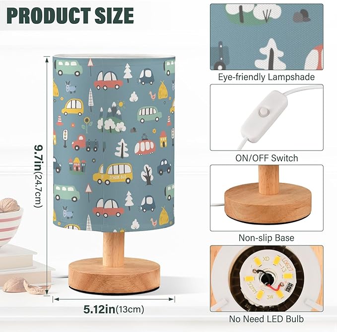 Table Lamp Cute Cars Pattern Cartoon Transportation Doodle Nightstand Lamp with Wood Base Fabric Lamp Shade Bedside Desk Lamp for Living Room Bedroom Kids Room Office