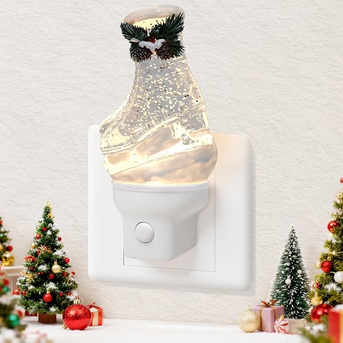 Christmas Night Light Plug into Wall Swirling Glitter USB Portable Christmas Decorative Night Light Decoration for Kids Adults Bedroom Kitchen Living Room Holiday Decor (Ski Boots)