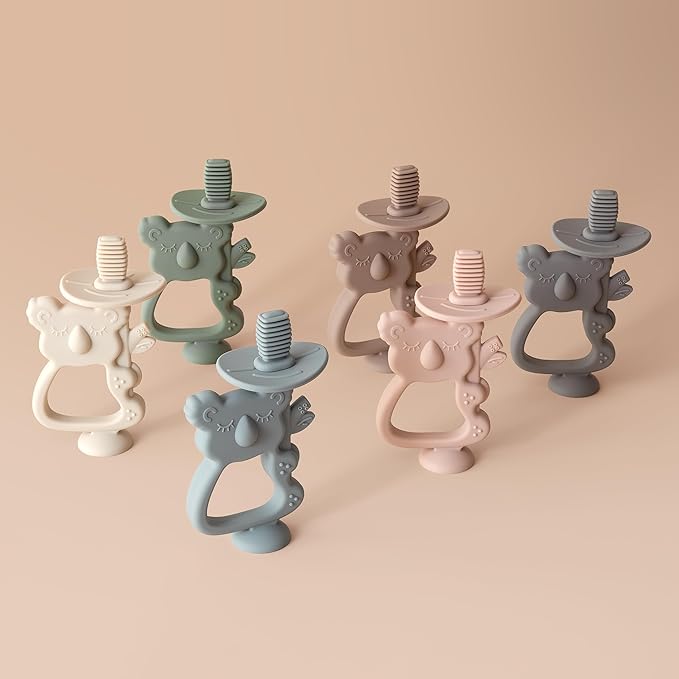 Moonkie Teething Toy, Safe & Easy to Hold BPA Free Silicone Teethers, 360° Baby Toothbrush with Suction Base, Teether Toys Best for Babies 6-12 Months (Koala Warm Taupe)