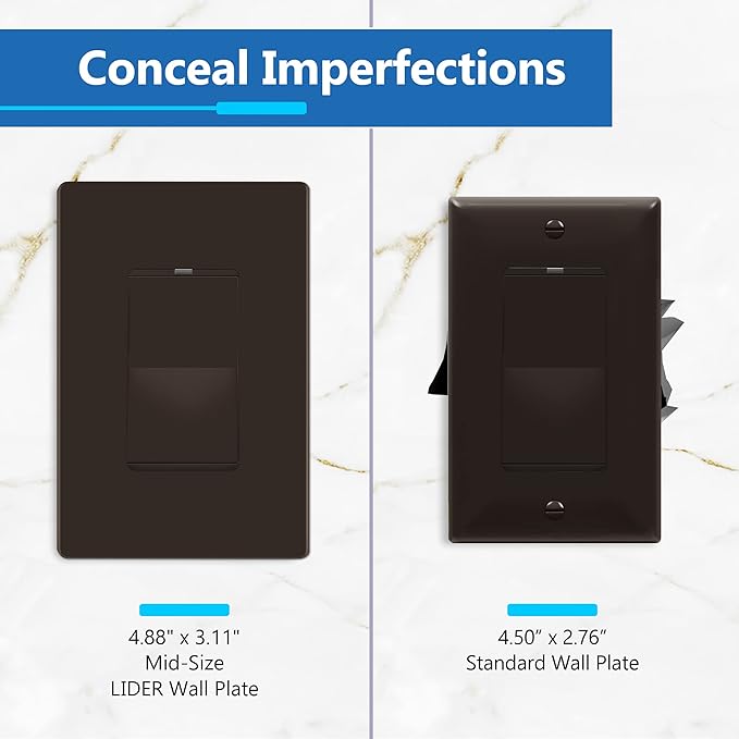 LIDER Matte Finish Decorator Switch Cover, Screwless Wall Plate, Mid-Size 1-Gang 4.88" x 3.11", Unbreakable Polycarbonate Thermoplastic, UL Listed, LSWP-31M-BR10P, Brown, 10 pack