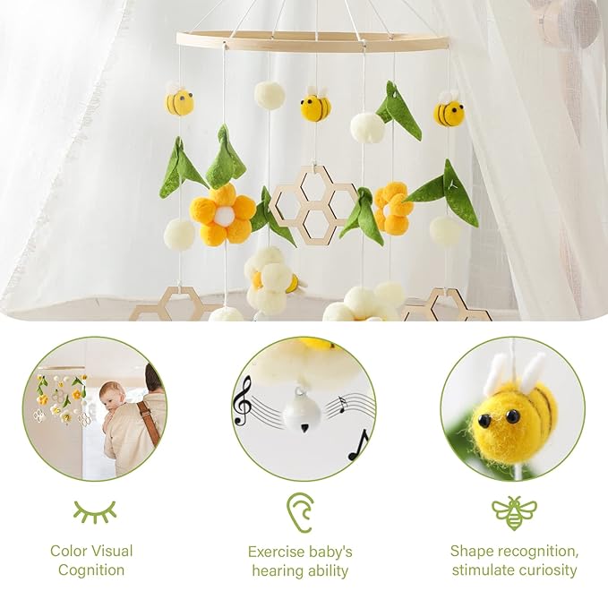 Nursery Mobile for Boys Girls, Boho Bee Flower Nursery Decor Soothe Toy, Shower Set for Infant Bedroom Hanging Decoration, Yellow