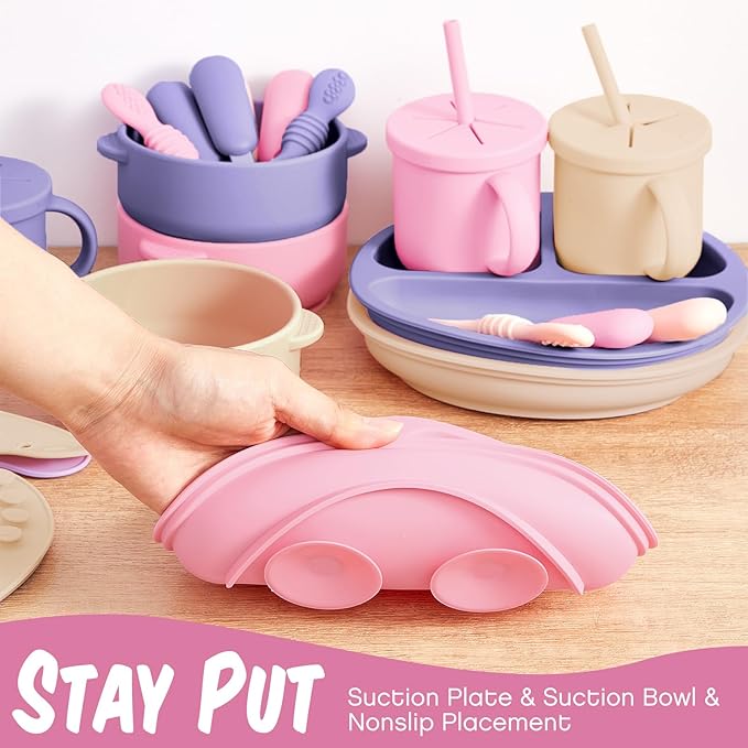 Yinder 24 Pack Silicone Baby Feeding Set Baby LED Weaning Supplies Includes Suction Divided Plates Soft Bowl Spoons Forks Adjustable Bib Snack Cup and Straws (Purple, Pink, Nude)