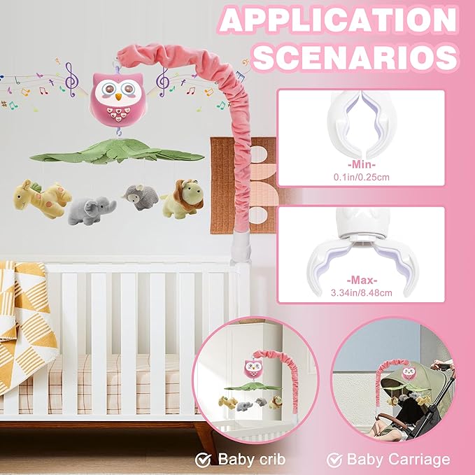 YUNGCHI Baby Crib Mobile with Music and Lights for Boys Musical Mobile Safari Animals for Girl Crib Bassinet Toys Hanging Portable Baby Mobile for Pack and Play Pink