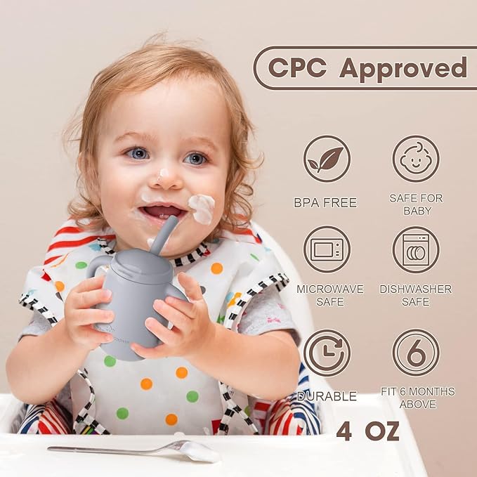 Cuddle Campus 100% Silicone Baby Training Cup, Shatterproof Toddler Sippy Cups with Straw, Open Cup for Baby, 6+ Months 4 Oz