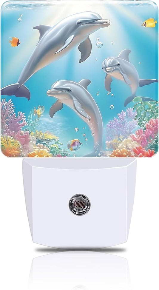 Night Light Dolphin in Colorful Underwater World Night Lights Plug into Wall Smart Dusk to Dawn Sensor 0.5W Energy Efficient Led Lamp for Men Women Bedroom Bathroom Hallway Stairway Decor