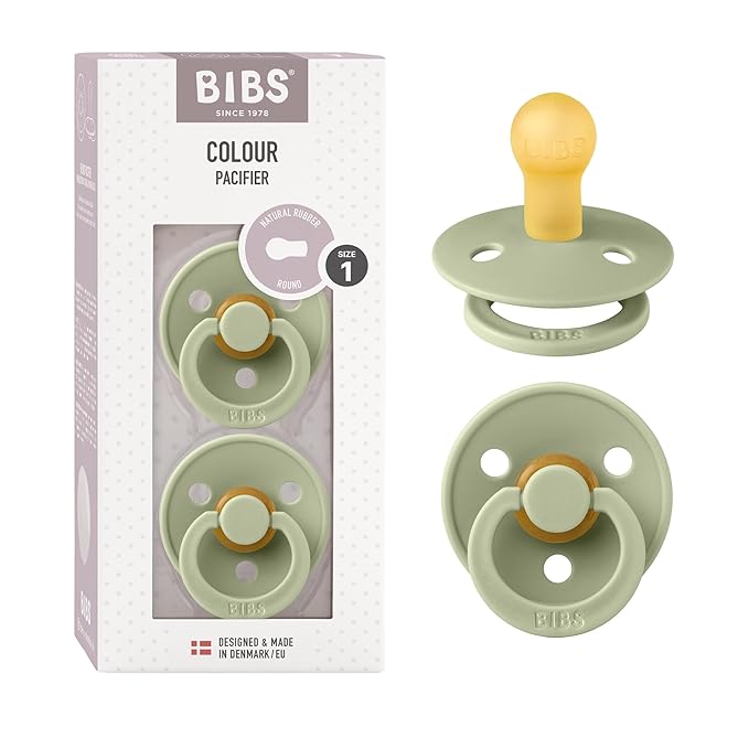 BIBS Pacifiers Colour Collection | Natural Rubber Baby Pacifier | Round Nipple | Set of 2 BPA-Free Soothers | Made in Denmark | 0+ Months (Pack of 2) | Sage