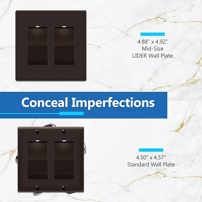 LIDER Matte Finish Double Decorator Switch Cover, Screwless Wall Plate, Mid-Size 2-Gang 4.88" x 4.92", Unbreakable Polycarbonate Thermoplastic, UL Listed, LSWP-32M-BR10P, Brown, 10 pack