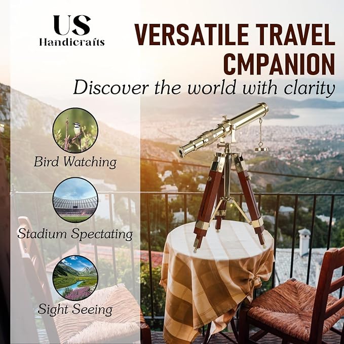 Vintage Brass Telescope on Tripod Stand – DF Lens Antique Desktop Telescope for Home Decor & Table Accessory | Nautical Spyglass for Navy & Outdoor Adventure