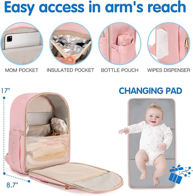 KABAQOO Baby Diaper Bag Backpack, Waterproof Diaper Backpack for Mom & Dad with Changing Pad, Insulated Pockets and Stroller Straps, Baby Shower Gifts for Girls & Boys, Pink