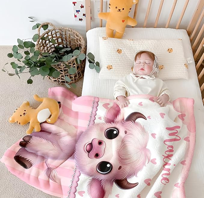 Personalized Baby Blanket for Girls, Custom Baby Blanket with Name, Soft Cozy Personalized Name Blankets for Kids, Customized Cow Blanket for Infant Toddler Birthday Christmas