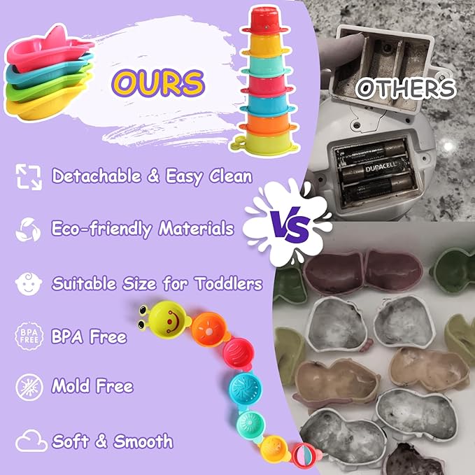 11 PCS Toddler Bath Toys for Kids Ages 1-3 Baby Shower Toys Mold Free Bathtub Toys for 12-18 Months Pool Water Table Sand Toys Stacking Cups & Floating Boats for Kids 2-4 Christmas Stocking Stuffers