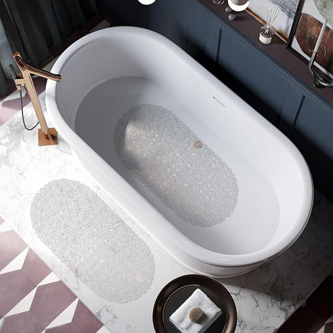 Vannokor Bathtub Mats for Bathroom 27x14 Inch, Pebble Bath Mat for Tub Feels Great on Tired Feet, Friendly Machine Washable Shower Tub Mats with 167 Big Suction Cups, Shower Mat, Bath Tub Mat,Clear