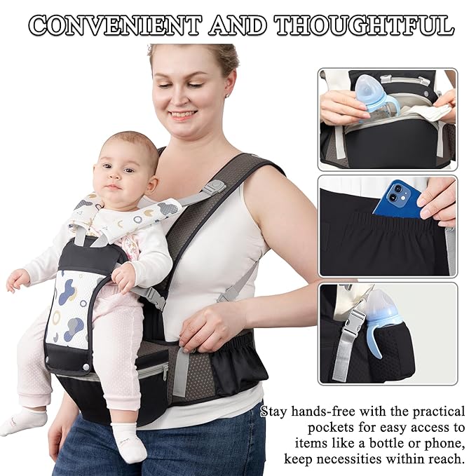 Baby Carrier with Hip Seat for Newborn to Toddler, 6-in-1 Ergonomic Infant Carrier for 0-36 Month Baby, All Positions Soft Breathable Mesh Wrap Carrier with Waist Stool, Baby Holder-Grey Print