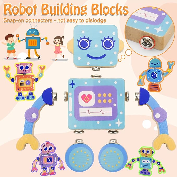 Robots Wooden Snap-Together Building Toys – 28-Piece STEM Montessori Educational Blocks for Toddlers Ages 3–6 | Fine Motor Skills Development | Safe, Durable, Creative Robot Toys Gift for Kids
