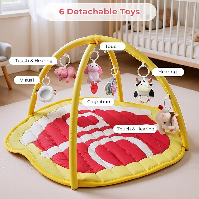 IPOZITO Baby Play Mat with Hanging Rattles, Baby Activity Mat for Sensory Development, Baby Tummy Time Play Mat to Improve Motor Skills and Visual Tracking