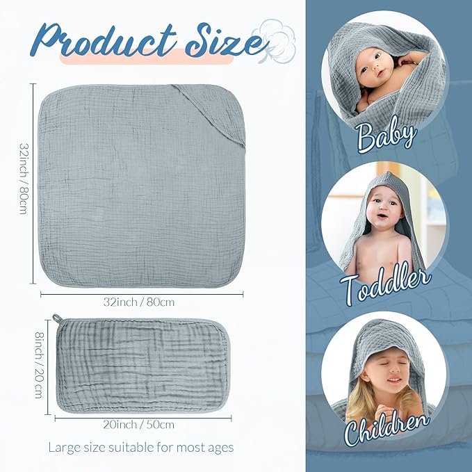 VitalCozy 8 Pcs Baby Muslin Hooded Bath Towels and Washcloths, 32 x 32 Inch Muslin Cotton Hooded Baby Towels Absorbent Hooded Blankets for Gift Newborn Infant Shower (Blue,White)