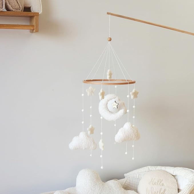 Boho Cloud Moon Crib Mobile Boho Baby Mobile for Crib Neutral Clouds, Moon & Stars Design Nursery Mobile for Boys & Girls