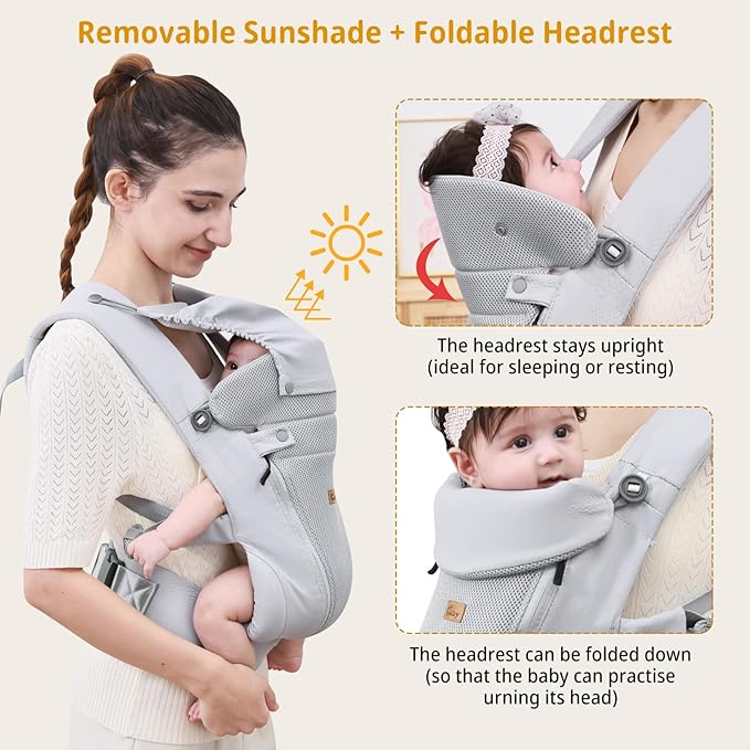 CUBY Newborn Baby Carrier with Head Support and Sunshield, Breathable & Adjustable Newborn Toddler Front Baby Carriers, Hands-Free Newborn Carrier up to 40lbs(Light Gray, Upgraded-with Waist Belt)