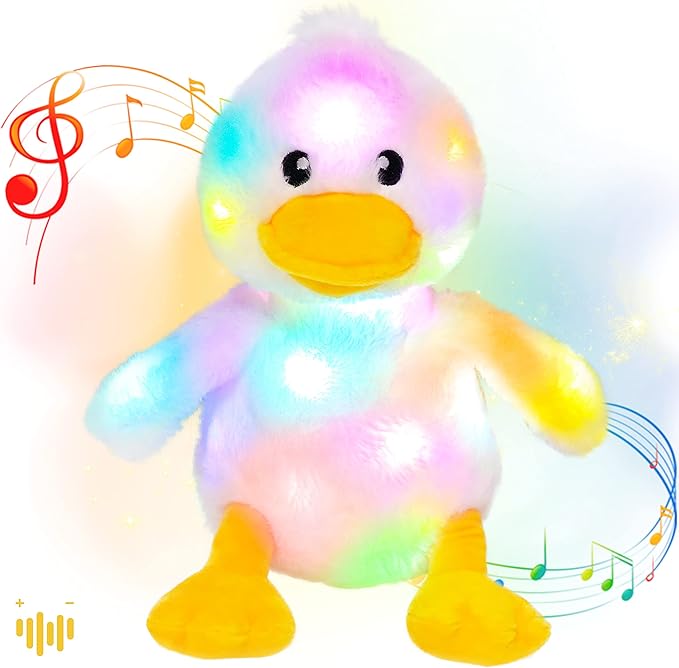 Hopearl LED Musical Stuffed Duck Lighting Up Singing Duckling Plush Toy Adjustable Volume Lullaby Animated Soothe Birthday Gifts for Kids Toddler Girls, White, 11''