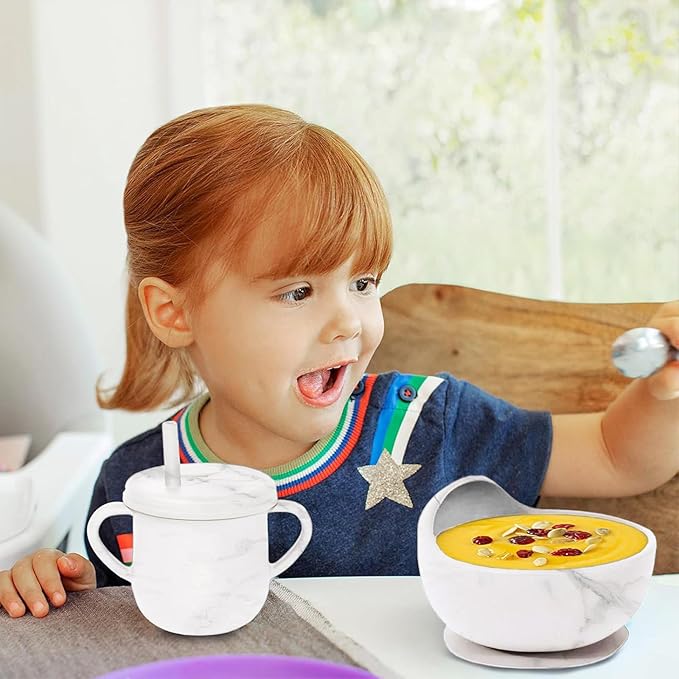 9pc BPA Free Silicone Baby Feeding Set - White: Suction Bowl, Divided Plate, Sippy Cup, Bib, Spoons, Forks - Baby Eating Utensils