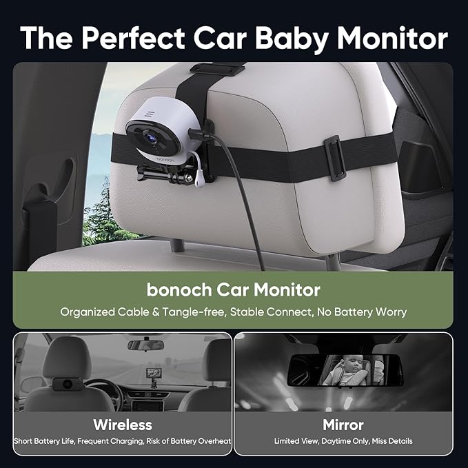 bonoch 5" 1440P Baby Car Camera - 360 Degree Rotating Wide View Backseat Rear Facing Mirror for Baby, USB Powered with Charger, Easy Setup Car Seat Monitor, Night Vision