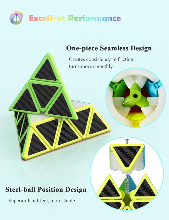 ROXENDA Speed Cube Set, Magic Cube Set of 2x2x2 3x3x3 Pyramid Cube Smooth Puzzle Cube (Carbon Fiber)