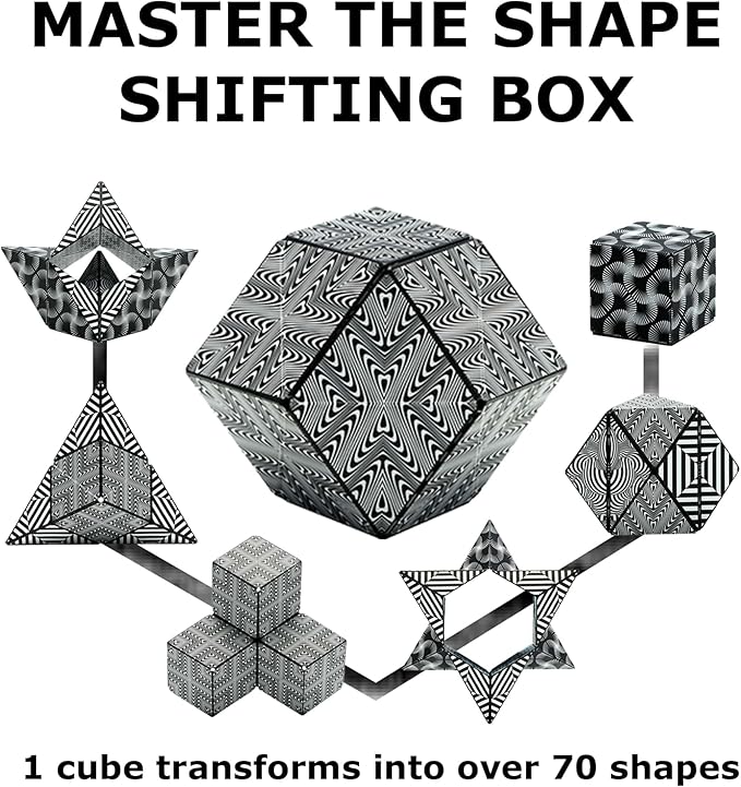 Shashibo Shape Shifting Box - Award-Winning Fidget Toy w/ 36 Rare Earth Magnets - Fidget Cube Transforms Into Over 70 Shapes, Sensory Toy Gift for Kids, Teens, and Adults (Black & White)