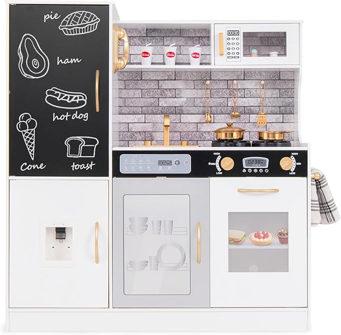 HONEY JOY Upgrade 39 in Kids Kitchen Playset, Large Wooden Little Chef Pretend Toy Kitchen Set w/Chalkboard, Telephone, Utensils, Oven, Microwave, Sink, Storage, Play Kitchen for Toddlers (Golden)