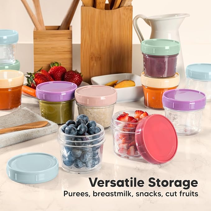 KeaBabies 4pk 8oz Glass Baby Food Containers with Lids - Leak-Proof, Microwavable Small Glass Jars, Baby Purees & Toddler Snack Storage Containers, BPA-Free, Dishwasher & Freezer Safe (Roseate)
