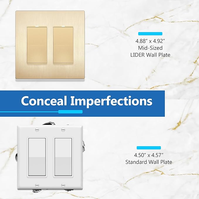 LIDER Brushed Finish Decorator Switch Cover, Screwless Wall Plate, Mid-Size 2-Gang 4.88" x 4.92", Unbreakable Polycarbonate Thermoplastic, UL Listed, LSWP-32M-BGD, Brushed Gold