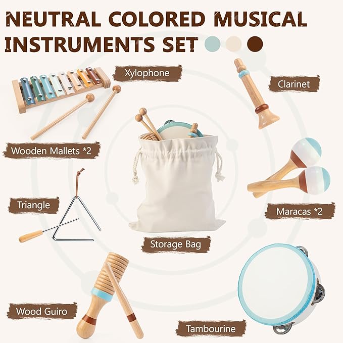 Baby Musical Instruments | Montessori Wooden Toys for Toddlers, Neutral Color Percussion Instruments Set with Modern Boho Xylophone Tambourine, Educational Musical Toys for Boys Girls 3+