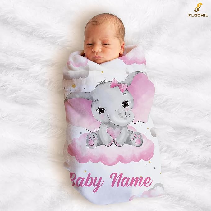 FLOCHIL Personalized Baby Blanket for Girls, Custom Baby Blanket with Name, Customized Baby Products, Gift for Baby, Newborn, Baby Shower (Elephants 4)