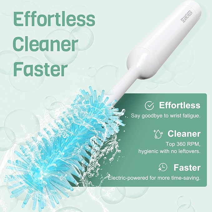 SEANCHEER S02 Electric Bottle Brush Set, Portable Baby Bottle Brush Cleaner, AA Battery-Powered & IPX7 Waterproof, with Silicone Bottle/Nipple/Straw Brush, for Home & Travel (Blue)