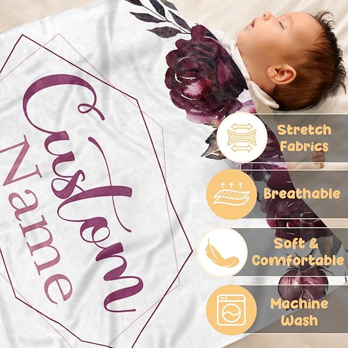 Personalized Baby Blanket with Name, Custom Toddler Blanket for Newborns, Purple Flowers Soft Double Layer Flannel Blankets, Personalized Baby Gifts for Nursery Infant Shower Birthday(30"x40")
