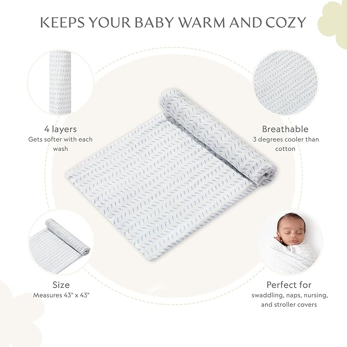 Muslin Baby Swaddle - Breathable Receiving Blankets for Newborn Baby, 70% Viscose derived from Bamboo, 30% Spandex, Imported